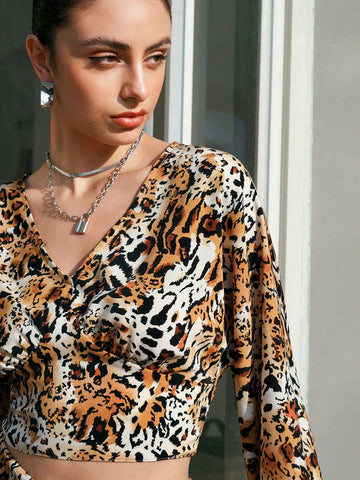 Anewsta Women'S V-Neck Lantern Sleeve Top Slit Skirt Leopard Print Two-Piece Set