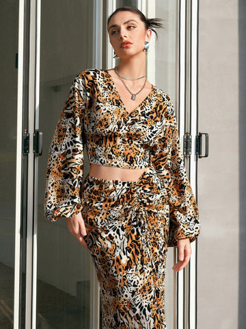 Anewsta Women'S V-Neck Lantern Sleeve Top Slit Skirt Leopard Print Two-Piece Set