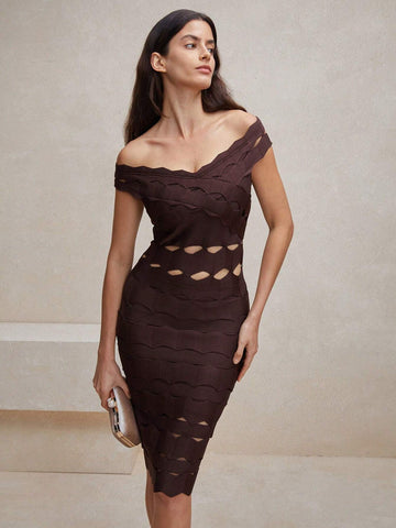 Anewsta Women Bandage Lace Solid Color One Shoulder Bodycon Dress