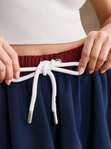 Anewsta Women Colorblock Drawstring Waist Short Casual Skirt