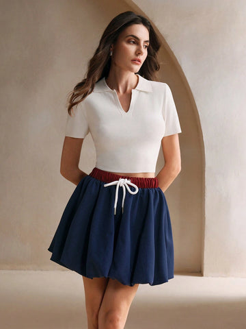 Anewsta Women Colorblock Drawstring Waist Short Casual Skirt