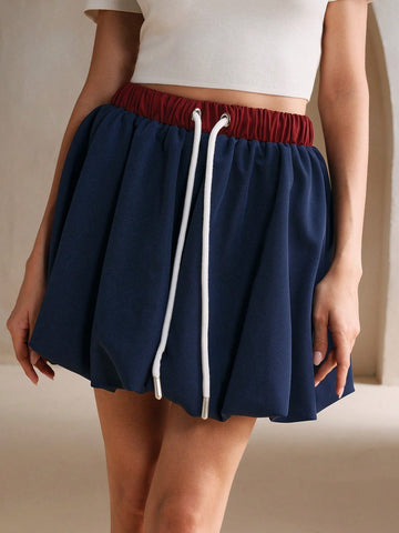 Anewsta Women Colorblock Drawstring Waist Short Casual Skirt