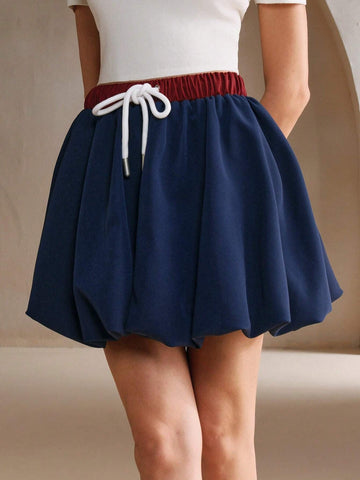 Anewsta Women Colorblock Drawstring Waist Short Casual Skirt