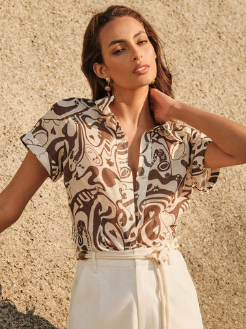 Anewsta Women Elegant Floral Print Short Sleeve Semi-Sheer Linen Collar Blouse