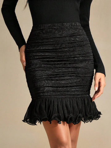 Anewsta Women Elegant Jacquard Mermaid Hem Pencil Skirt