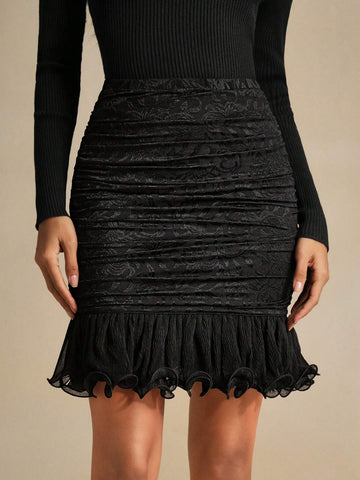 Anewsta Women Elegant Jacquard Mermaid Hem Pencil Skirt