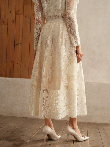Anewsta Women Elegant Mesh Embroidered A-Line Skirt