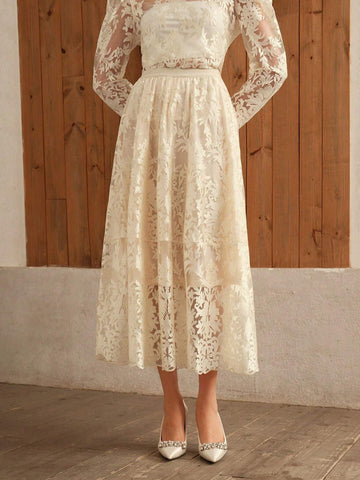 Anewsta Women Elegant Mesh Embroidered A-Line Skirt