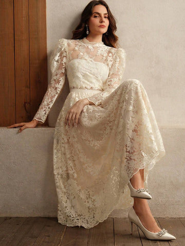 Anewsta Women Elegant Mesh Embroidered A-Line Skirt