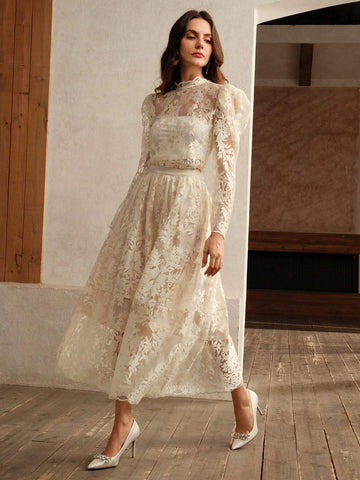 Anewsta Women Elegant Mesh Embroidered A-Line Skirt