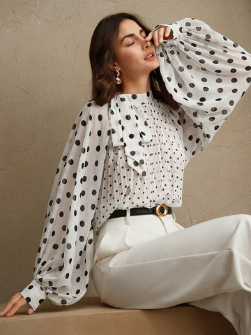 Women Elegant Polka Dot Print Pleated Tied Blouse, Long Sleeve Tops, Versatile Work & Casual Outfits, Spring