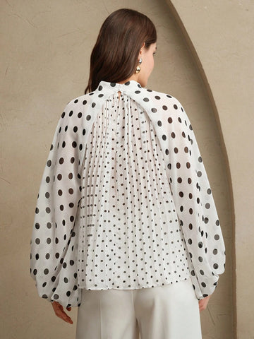 Women Elegant Polka Dot Print Pleated Tied Blouse, Long Sleeve Tops, Versatile Work & Casual Outfits, Spring