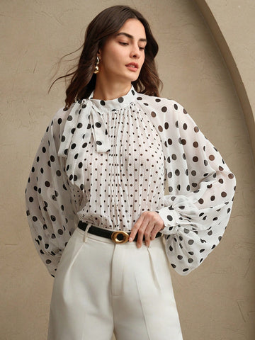 Women Elegant Polka Dot Print Pleated Tied Blouse, Long Sleeve Tops, Versatile Work & Casual Outfits, Spring