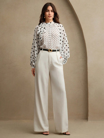 Women Elegant Polka Dot Print Pleated Tied Blouse, Long Sleeve Tops, Versatile Work & Casual Outfits, Spring