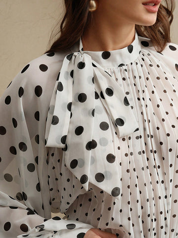 Women Elegant Polka Dot Print Pleated Tied Blouse, Long Sleeve Tops, Versatile Work & Casual Outfits, Spring