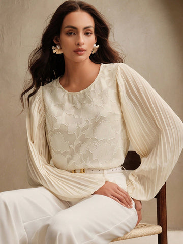 Women Elegant Romantic Cutout Pleated Sleeve Design Blouse,