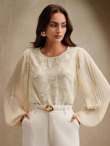 Women Elegant Romantic Cutout Pleated Sleeve Design Blouse,