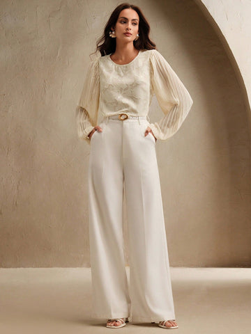 Women Elegant Romantic Cutout Pleated Sleeve Design Blouse,