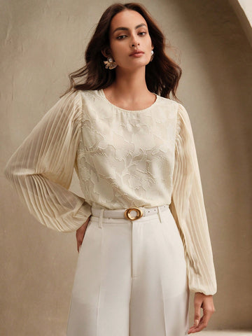 Women Elegant Romantic Cutout Pleated Sleeve Design Blouse,