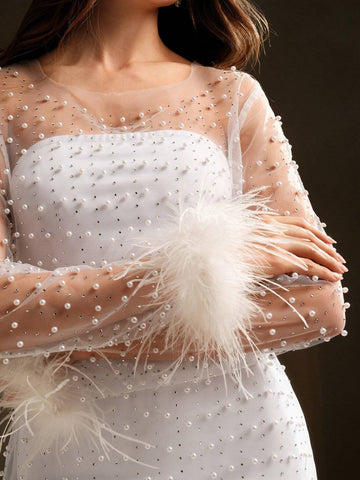 Anewsta Women Feather Print Rhinestone Beaded Mesh Long Sleeve Dress