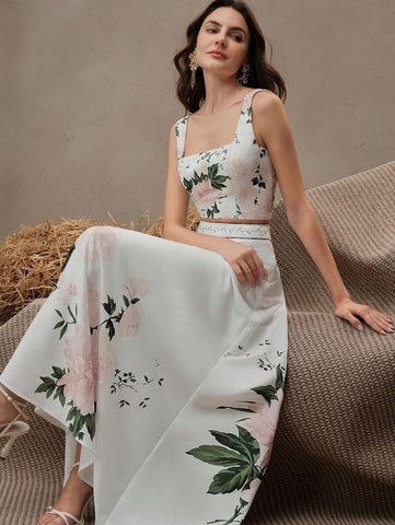 Anewsta Women Floral Print Spaghetti Strap Crop Top And A-Line Skirt 2 Piece Set, Elegant For Beach, Festival, Holiday, Vacation, Brunch, Easter, Spring Summer