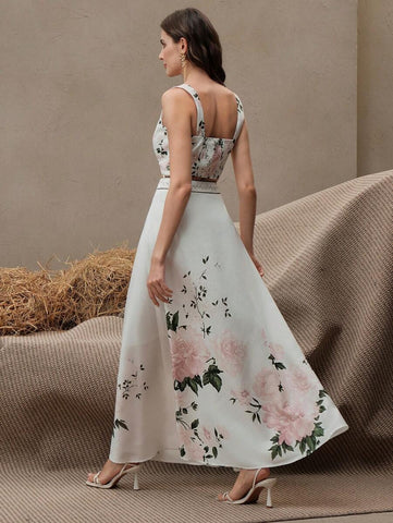 Anewsta Women Floral Print Spaghetti Strap Crop Top And A-Line Skirt 2 Piece Set, Elegant For Beach, Festival, Holiday, Vacation, Brunch, Easter, Spring Summer