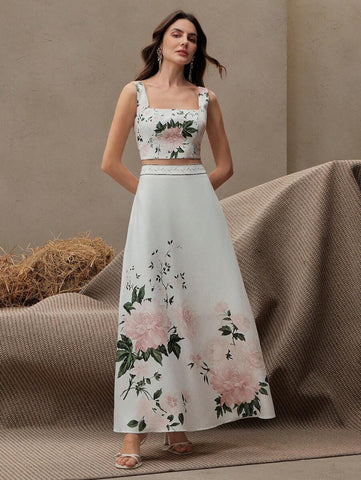 Anewsta Women Floral Print Spaghetti Strap Crop Top And A-Line Skirt 2 Piece Set, Elegant For Beach, Festival, Holiday, Vacation, Brunch, Easter, Spring Summer