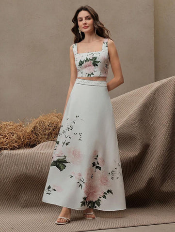 Anewsta Women Floral Print Spaghetti Strap Crop Top And A-Line Skirt 2 Piece Set, Elegant For Beach, Festival, Holiday, Vacation, Brunch, Easter, Spring Summer