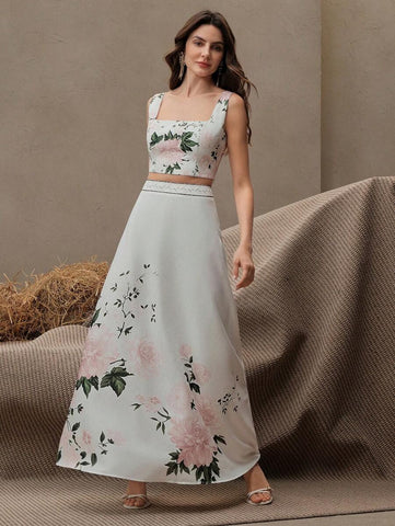 Anewsta Women Floral Print Spaghetti Strap Crop Top And A-Line Skirt 2 Piece Set, Elegant For Beach, Festival, Holiday, Vacation, Brunch, Easter, Spring Summer