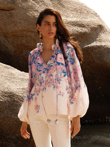 Anewsta Women Floral Printed Shirt With Decorated Lace Collar