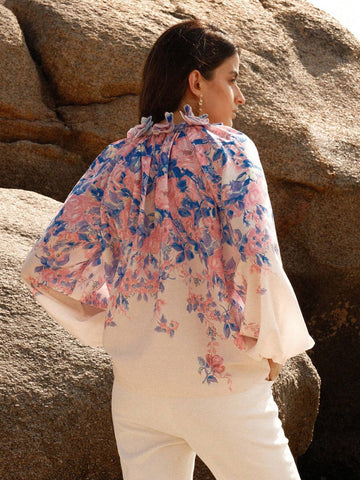 Anewsta Women Floral Printed Shirt With Decorated Lace Collar