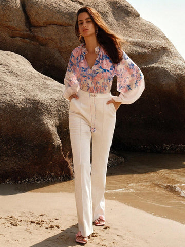 Anewsta Women Floral Printed Shirt With Decorated Lace Collar