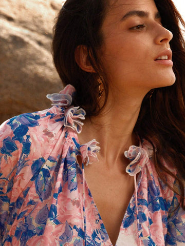 Anewsta Women Floral Printed Shirt With Decorated Lace Collar