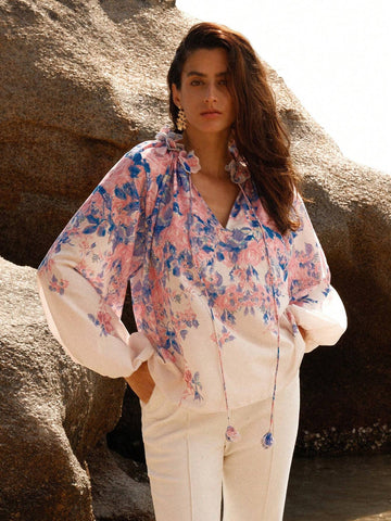 Anewsta Women Floral Printed Shirt With Decorated Lace Collar