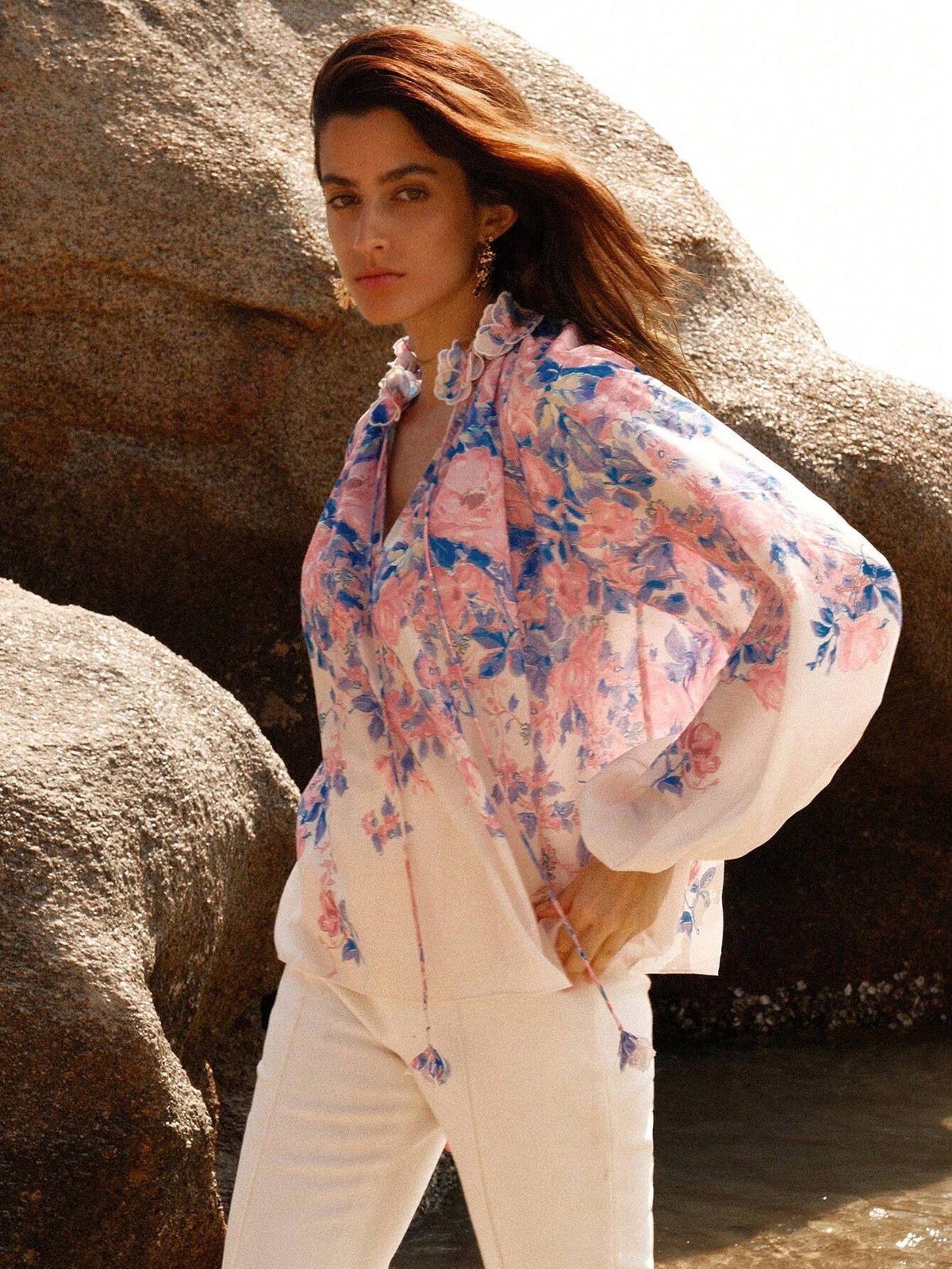 Anewsta Women Floral Printed Shirt With Decorated Lace Collar