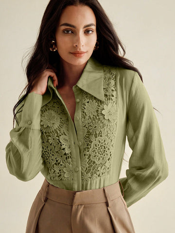 Anewsta Women Lace Applique Turndown Collar See-Through Loose Blouse