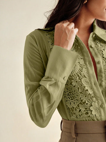 Anewsta Women Lace Applique Turndown Collar See-Through Loose Blouse