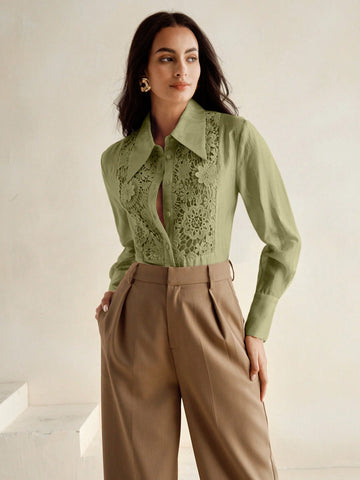 Anewsta Women Lace Applique Turndown Collar See-Through Loose Blouse