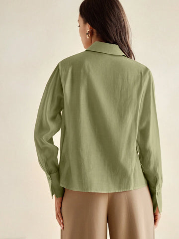 Anewsta Women Lace Applique Turndown Collar See-Through Loose Blouse