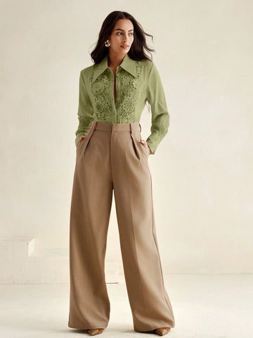 Anewsta Women Lace Applique Turndown Collar See-Through Loose Blouse