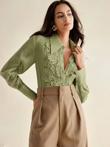 Anewsta Women Lace Applique Turndown Collar See-Through Loose Blouse