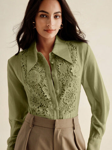 Anewsta Women Lace Applique Turndown Collar See-Through Loose Blouse