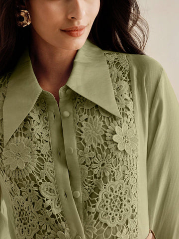 Anewsta Women Lace Applique Turndown Collar See-Through Loose Blouse