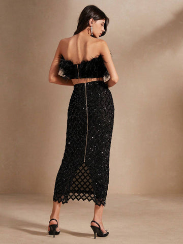 Anewsta Women Pearl Beaded Feather Sequin Two-Piece Set