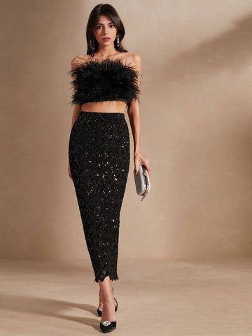 Anewsta Women Pearl Beaded Feather Sequin Two-Piece Set