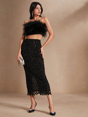 Anewsta Women Pearl Beaded Feather Sequin Two-Piece Set