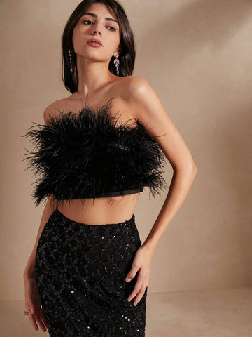 Anewsta Women Pearl Beaded Feather Sequin Two-Piece Set