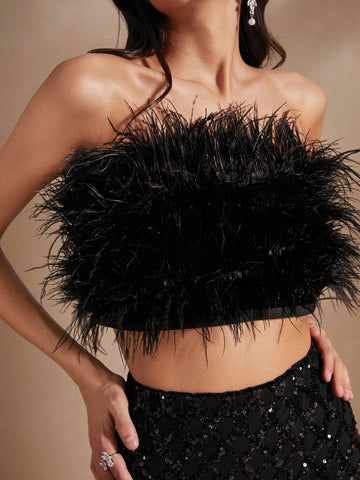 Anewsta Women Pearl Beaded Feather Sequin Two-Piece Set