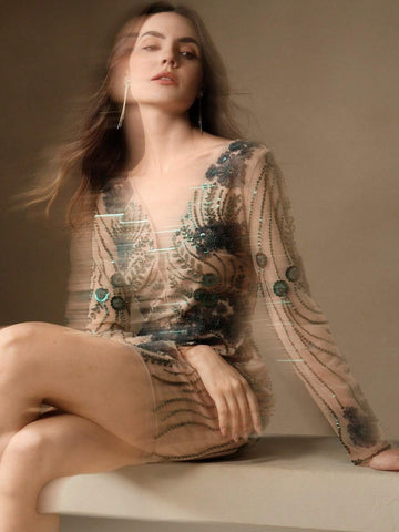 Anewsta Women Short Embroidery & Sequin Decor Long Sleeve Dress