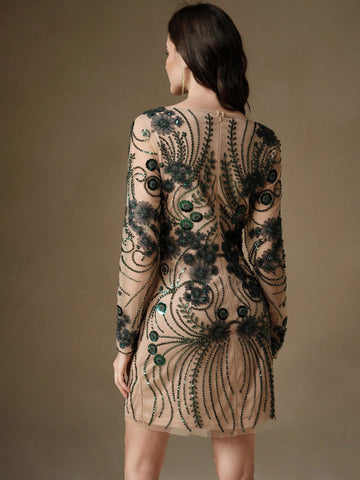 Anewsta Women Short Embroidery & Sequin Decor Long Sleeve Dress